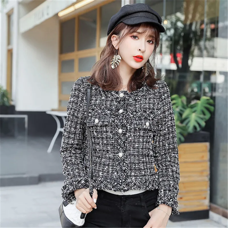 

2019 Autumn Fashion Week High-end Burrs Nail bead Tweed Jacket Women Grace Long Sleeves Single Breasted Tweed Slim Jacket Coat