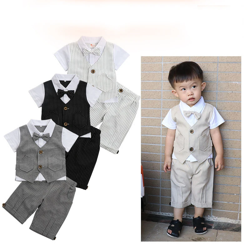 

2pcs/Set Children's Suit Male Gentleman British Shirt Striped Vest Short-sleeved Shorts Dress Cotton Comfortable Suit