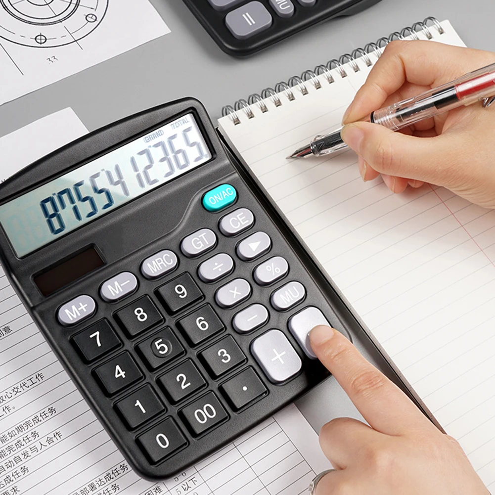12-Digit Solar Battery Basic Calculator Solar Battery Dual Power Office Finance Calculator with Large LCD Display