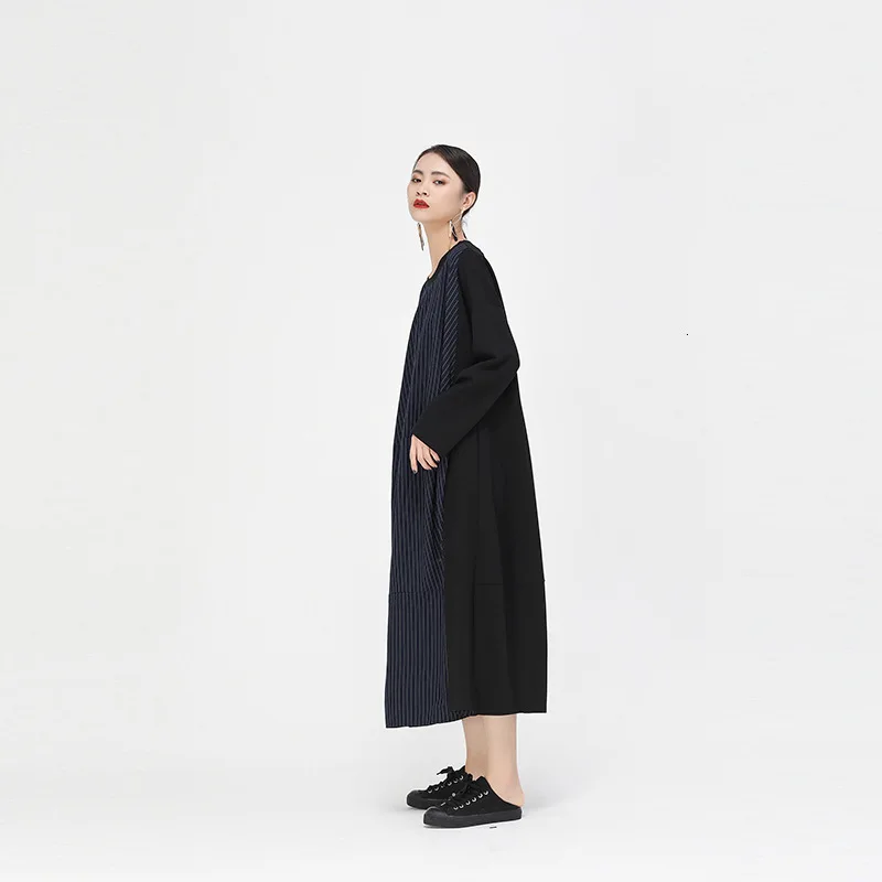 [EAM] Women Striped Split Joint Big Size Dress New Round Neck Long Sleeve Loose Fit Fashion Tide Spring Autumn 1H240