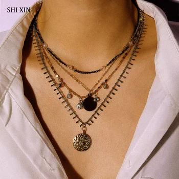 

SHIXIN Punk Coin Pendant Necklaces for Women Fashion Multi Layered Chain Crystal Necklaces 2020 Jewelry Decoration on the Neck