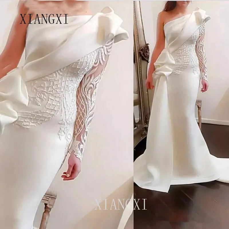 Élégant июня épaule sirène robes de Вечер blanc длинным рукавом robes de Вечер атласная ruché volants аппликация для торжественного случая
