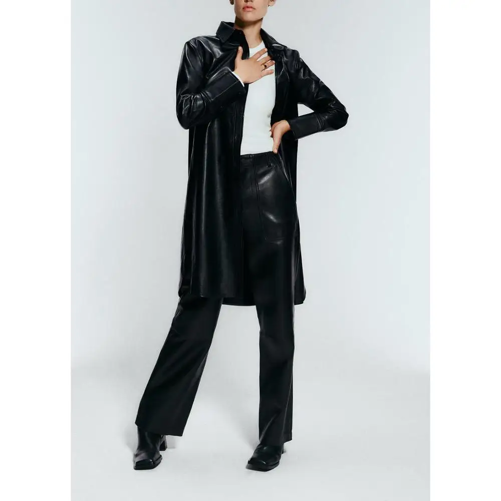women black pu faux leather shirt dress outwear fashion girls ladies loose buttons female casual stylish long outwears