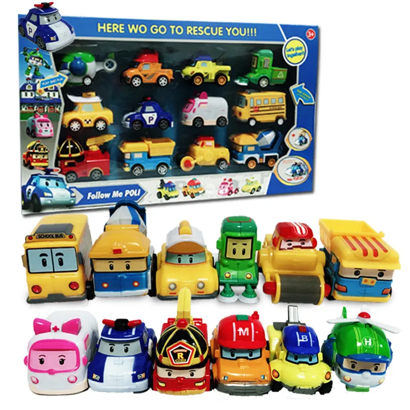 

12pcs/box Anime Poli Car School Bus Taxi Roller Fire Truck Ambulance Police Helicopter Toys Model Children Christmas Gifts