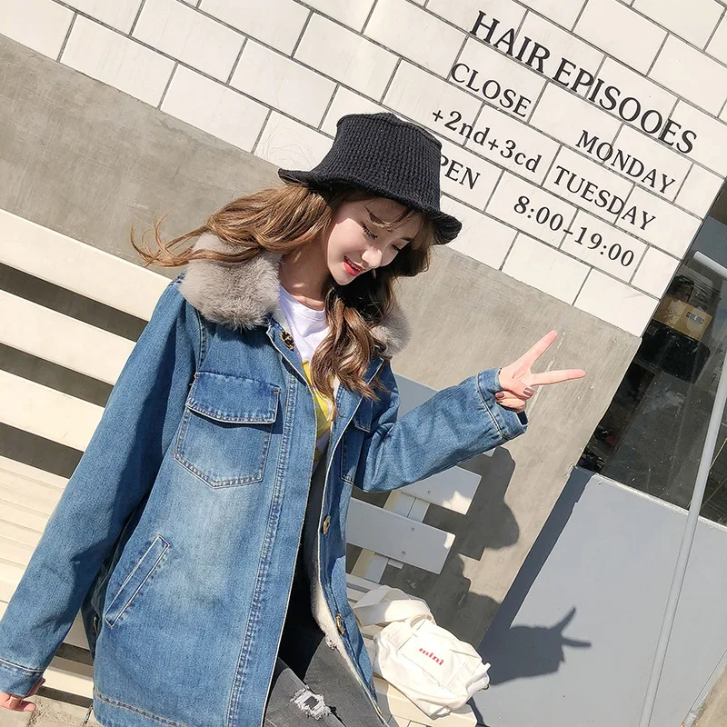 

2019 Autumn And Winter New Style Lambs Wool Jeans Coat Women's Thick plus Velvet Mid-length Cotton Coat Cotton-padded Clothes