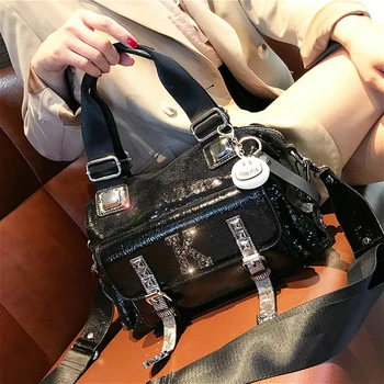 

Fashion Brand 2020 Diamond Leather Shoulder Bag K Letter Luxury Women's Handbags Sequins Retro Black Crossbody Tote Bag female A
