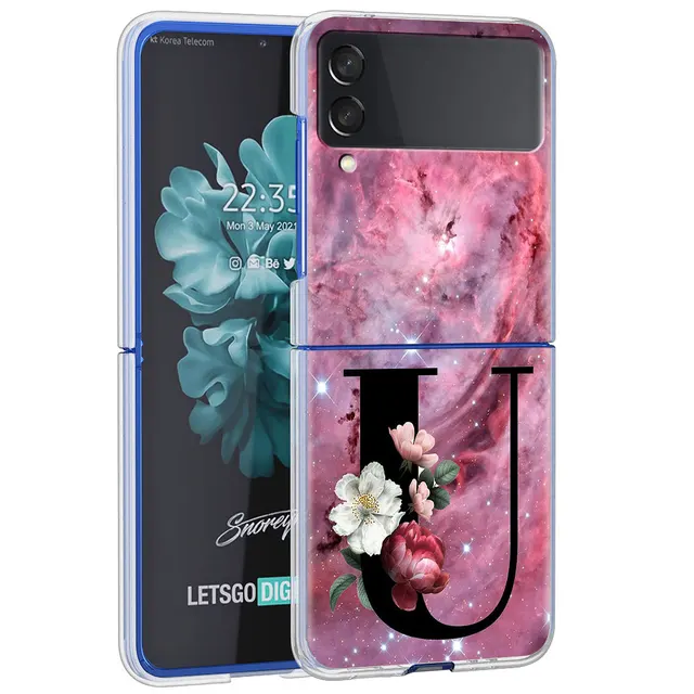 Letter A B Flowers Pink Case For Samsung Galaxy Z Flip 3 5G Transparent Hard Cell Phone Cover ZFlip3 Clear PC Luxury Fundas H21