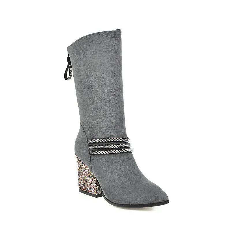 New mid-calf boots woman bling high heels boots warm autumn winter office ladies dress shoes large size 34-43