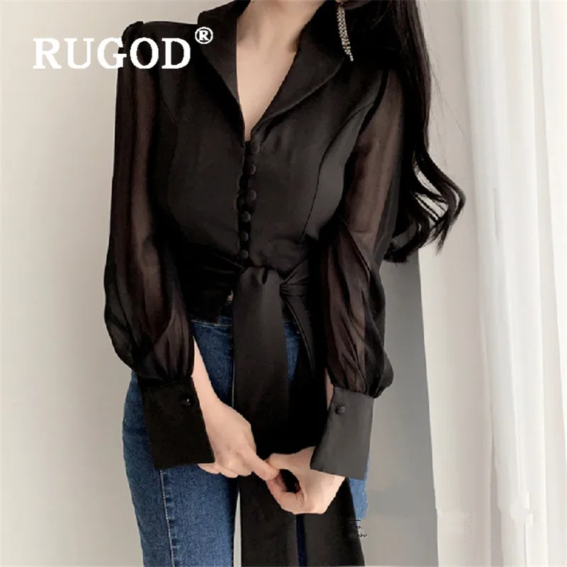 RUGOD2020 Весенняя офисная блузка женские блузки с длинным рукавом Элегантный сетчатый топ корейская модная одежда женские рубашки повседневные Прозрачные топы