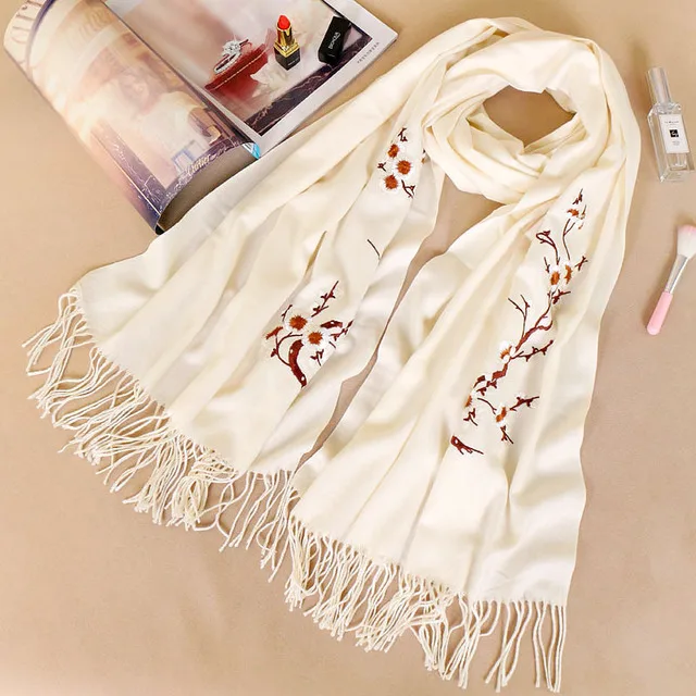 Women Solid both ends Embroider Shawls Autumn Winter New Ladys Pashmina Cashmere Thickening Edging Long Scarf Warp Gift - Цвет: camel