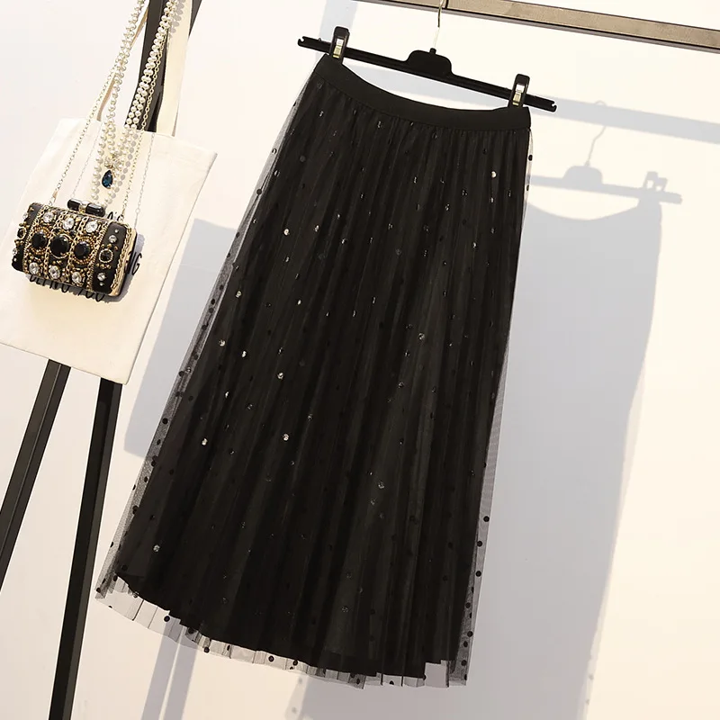 black skirt Новинка, летняя женская юбка с принтом, черная, хаки, в горошек, с гибкой талией, 5XL, плюс размер, повседневная, Милая юбка для девушек, для офиса - Цвет: black skirt