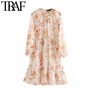 

TRAF Women Chic Fashion See Through Floral Print Midi Dress Vintage O Neck Long Sleeve Female Dresses Vestidos Mujer