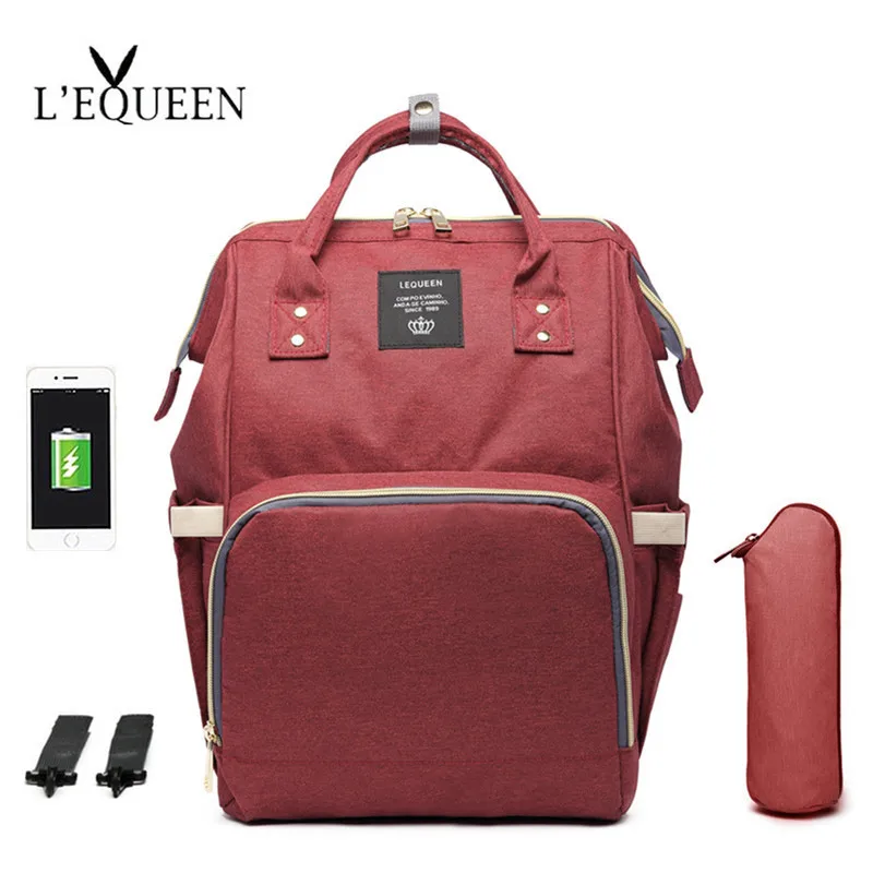 LEQUEEN USB сумка для подгузников для ухода за ребенком большая емкость рюкзак для мам мокрая сумка для мам водонепроницаемая сумка для беременных - Цвет: USB Dark Red