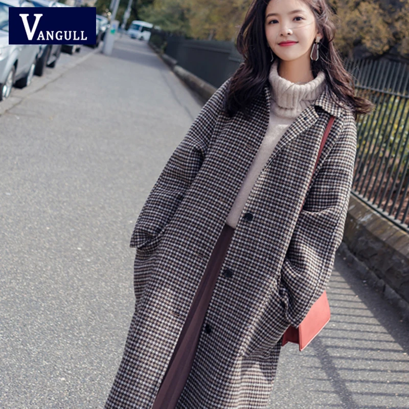 

Vangull Winter Wool Plaid Coats Single Breasted Long Wool Jacket 2019 Autumn Casual Loose Thick Women Wool Coats Warm Outerwear