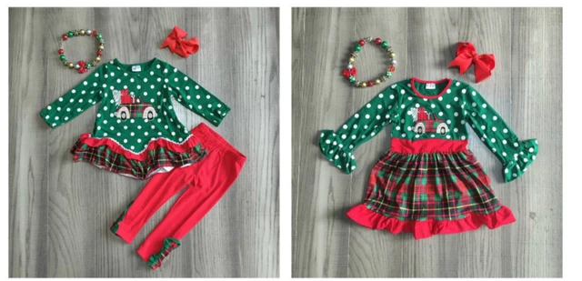 Girlymax Christmas truck dark green Fall/Winter baby girls plaid outfits pants set clothes ruffles boutique match accessories 1