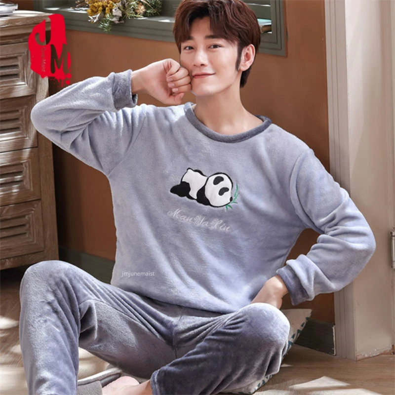 men pajamas winter 4XL размера плюс Мужские пижамные комплекты зимние Длинные коралловые флисовые Мультяшные полосатые толстые теплые пижамы для мальчиков Pijama Mujer повседневные пижамы - Цвет: men pajamas winter