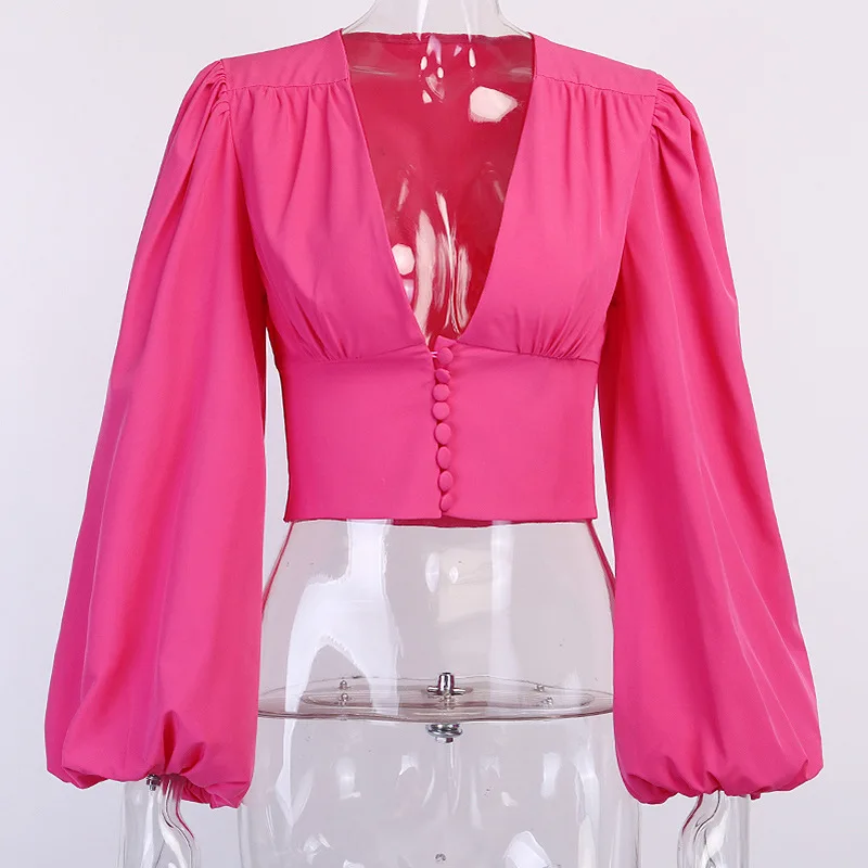 Горячая Распродажа Осенняя женская новая офисная рубашка с рукавами-фонариками и глубоким v-образным вырезом, короткая однотонная хлопковая свободная футболка - Цвет: Розовый