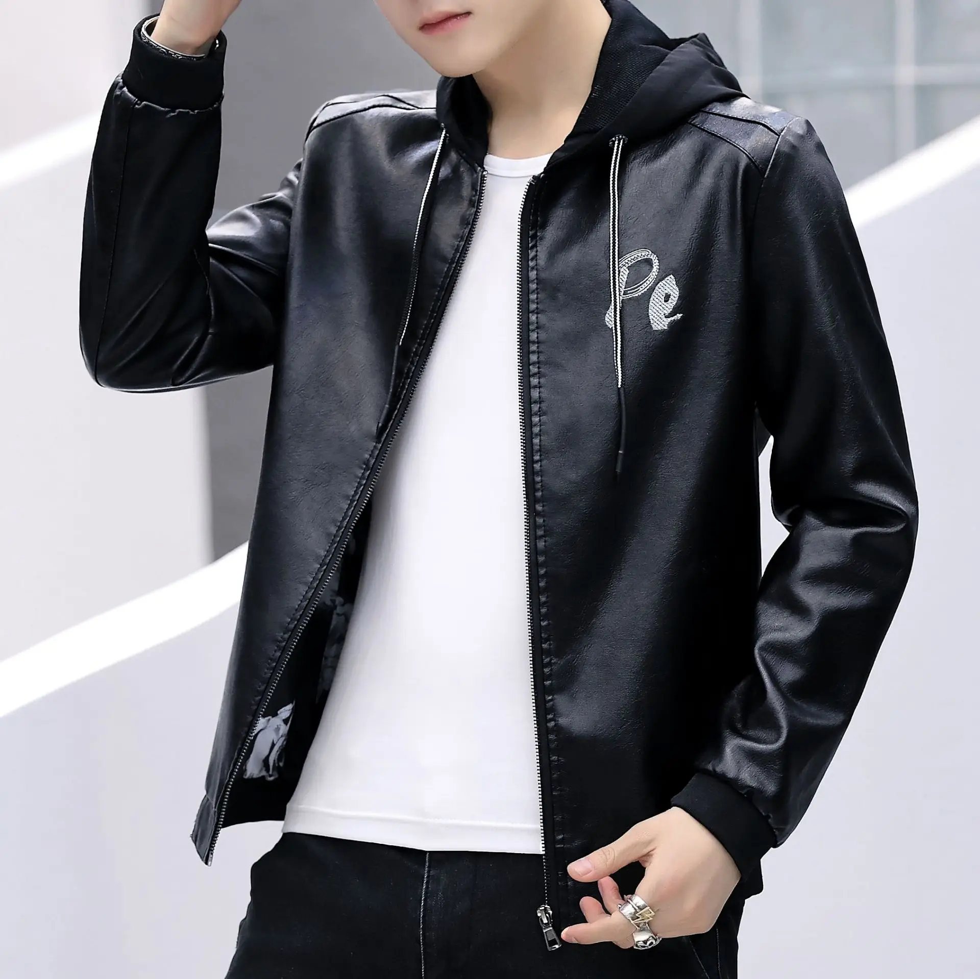 

2019 Spring MEN'S Leather Coat Youth New Style Slim Fit Hooded Embroidery Leather Jacket MEN'S Coat