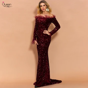 

Sexy Prom Dress Mermaid Off-shoulder Long Sleeves Shinny Sequined Floor-length Dress Party Gown with Sweep Train