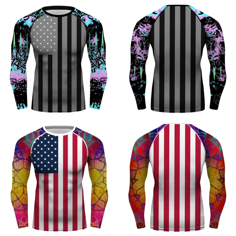 Custom Design Usa Flag Long Sleeve Rash Guards For Men Fitness Mma Tee