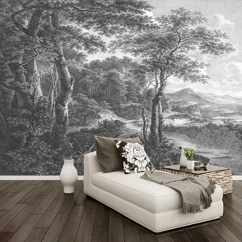 Nestandartní fotka tapeta retro ruka maloval černá a bílý les strom nástěnnou žití pokoj TV pohovka ložnice freska papel de parede
