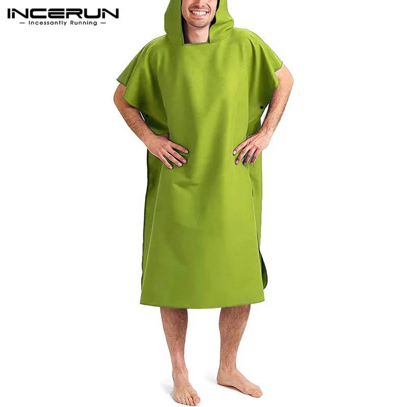 INCERUN Quick Drying Homewear Robes Mens Bathrobes Short Sleeve Hooded