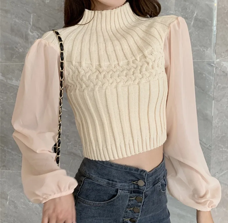 beige sweater women RealShe женский свитер, шифоновый свитер с высоким воротом и рукавами-фонариками, Женский пуловер, весенний Повседневный однотонный короткий свитер для девушек - Цвет: beige sweater women