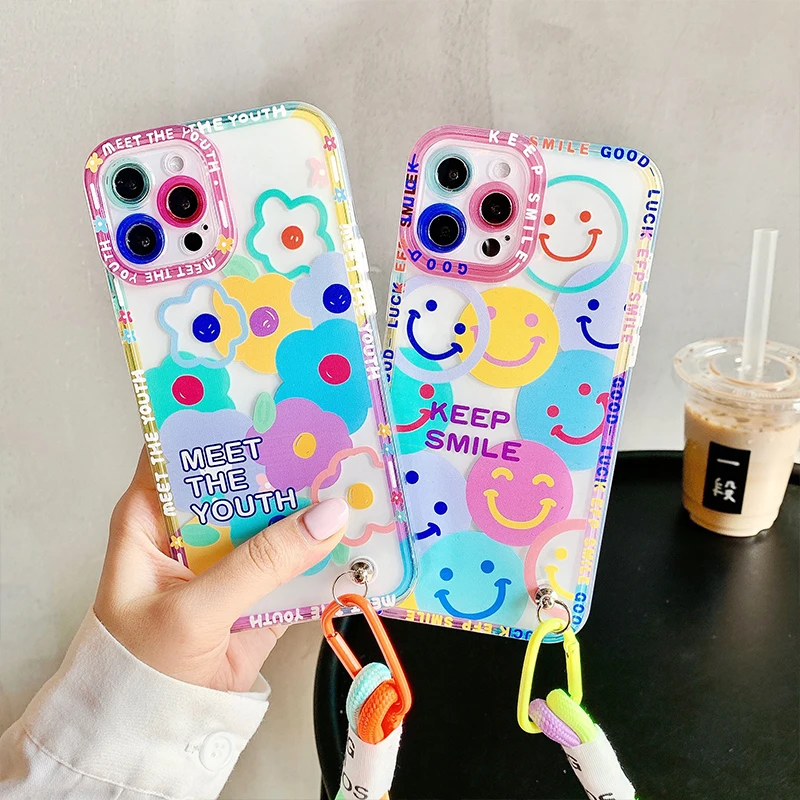 Colorful Flowers Smile Strap Lanyard Phone Case For iPhone 13 Pro Max 12 11 X XS XR 7 8 Plus Cute Fashion Transparent Soft Cover