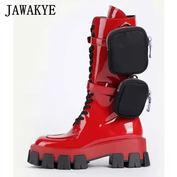 

JAWAKYE Hot lace up Pocket Motorcycle Boots Women Thick bottom Monolith Knee high boots Winter Women Shoes black Military Shoes