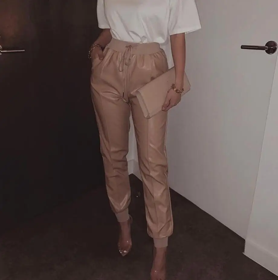 

Trending Black PU Leather Jogger Pants Women High Waist Trousers Sweatpant with Pockets pantalones mujer