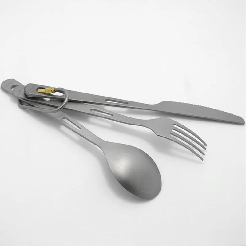 3 In 1 Titanium Spoon Fork Knife Cutlery Sets With Titanium Carabiner Camping Cutlery Outdoor Tableware Spork
