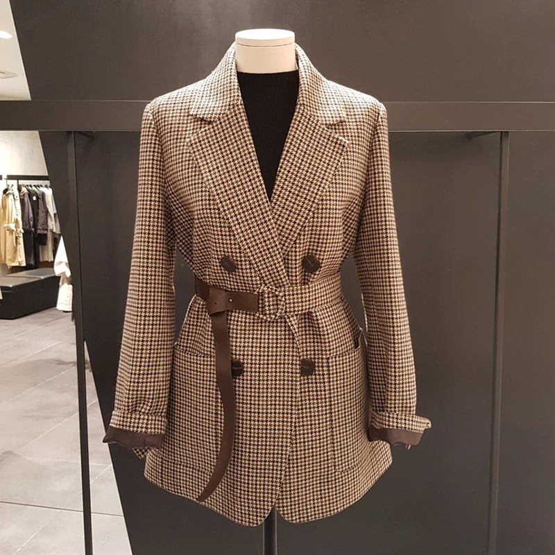 as photo autumn winter vintage plaid woolen blazer women double breasted straight belted suit jacket - Цвет: as photo