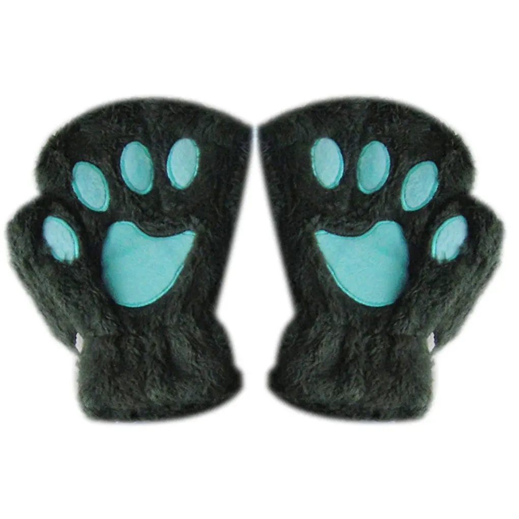 Перчатки с котом и плюшевой лапой для Хэллоуина мягкие женские варежки без