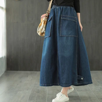 

NINI WONDERLAND Women Denim Midi Skirt 2020 Autumn New Vintage Retro Loose A-line Skirts Female Korean Style Casual Skirt Pocket
