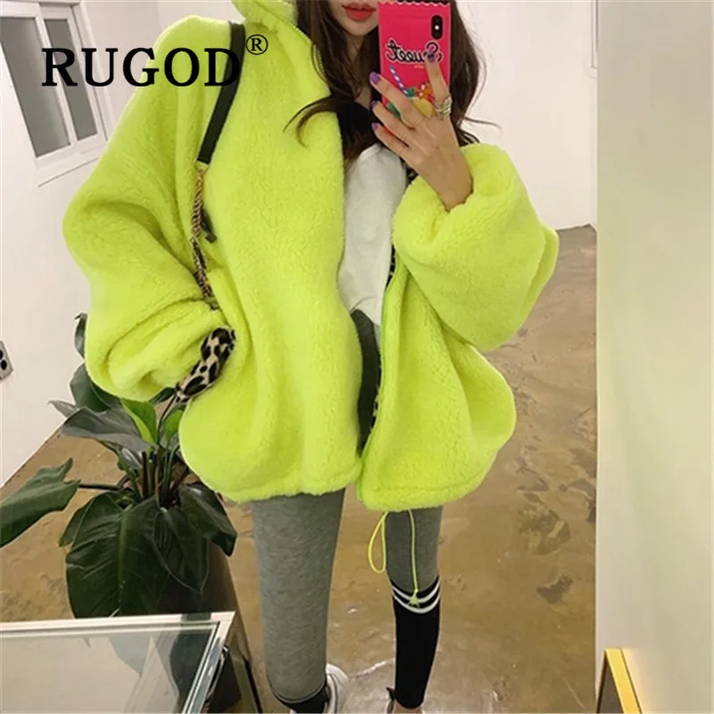 Женская флуоресцентная куртка RUGOD зеленое шерстяное пальто с леопардовым