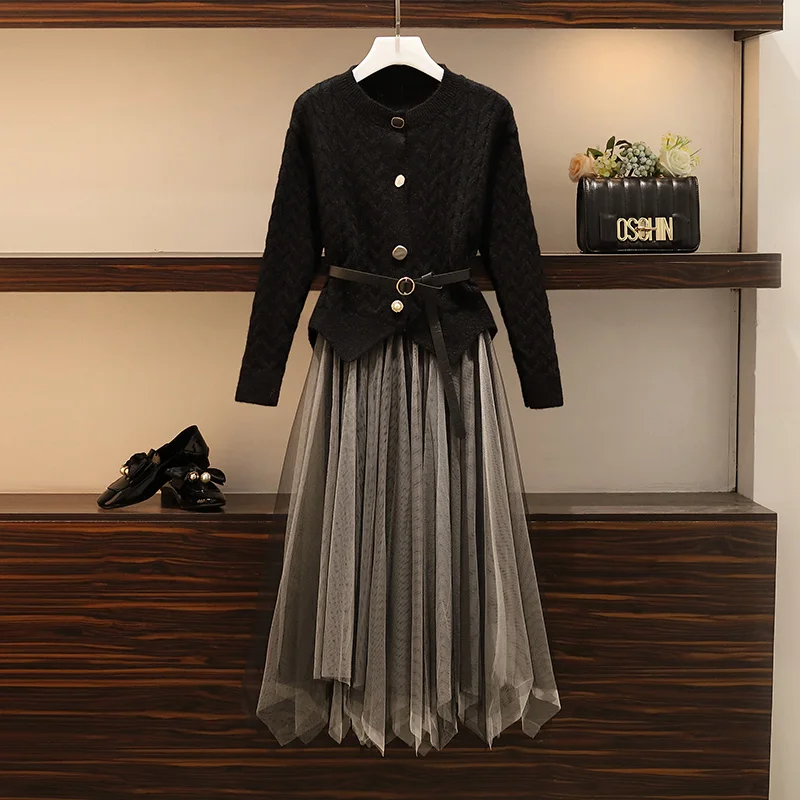 Set Trytree Autumn Winter Two piece set Casual O-neck Single Breasted Belt Top+ Skirt Elastic Waist Fashion Set 2 Piece Set - Цвет: Set