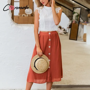 

Conmoto summer casual button midi skirts women brick high waist beach skirts cool female vintage boho red solid skrit