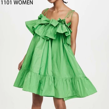 

2020 NEW Summer women dress green solid cascading ruffles spaghetti strap sleeveless above knee dresses female fashion clothes