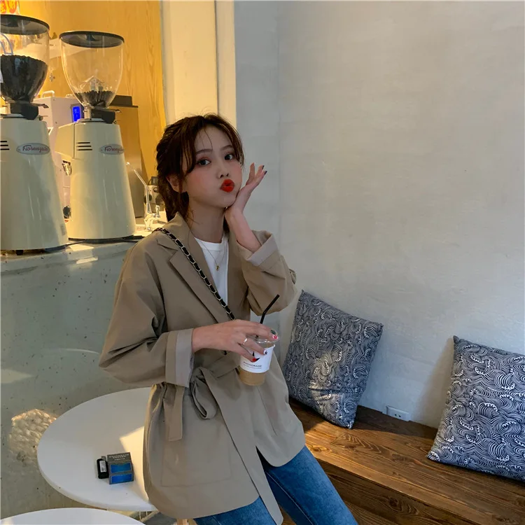 

2019 Early Autumn Korean-style Simple Hong Kong Style Non-mainstream Elegant Versatile Loose-Fit Fold-down Collar Bandage Cloth