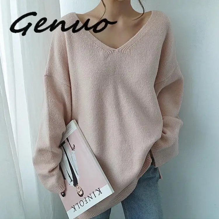 

Genuo New 2019 Autumn Winter Women's Sweaters V-Neck Long Sleeve Tops Minimalist Korean Style Knitting Casual Pink