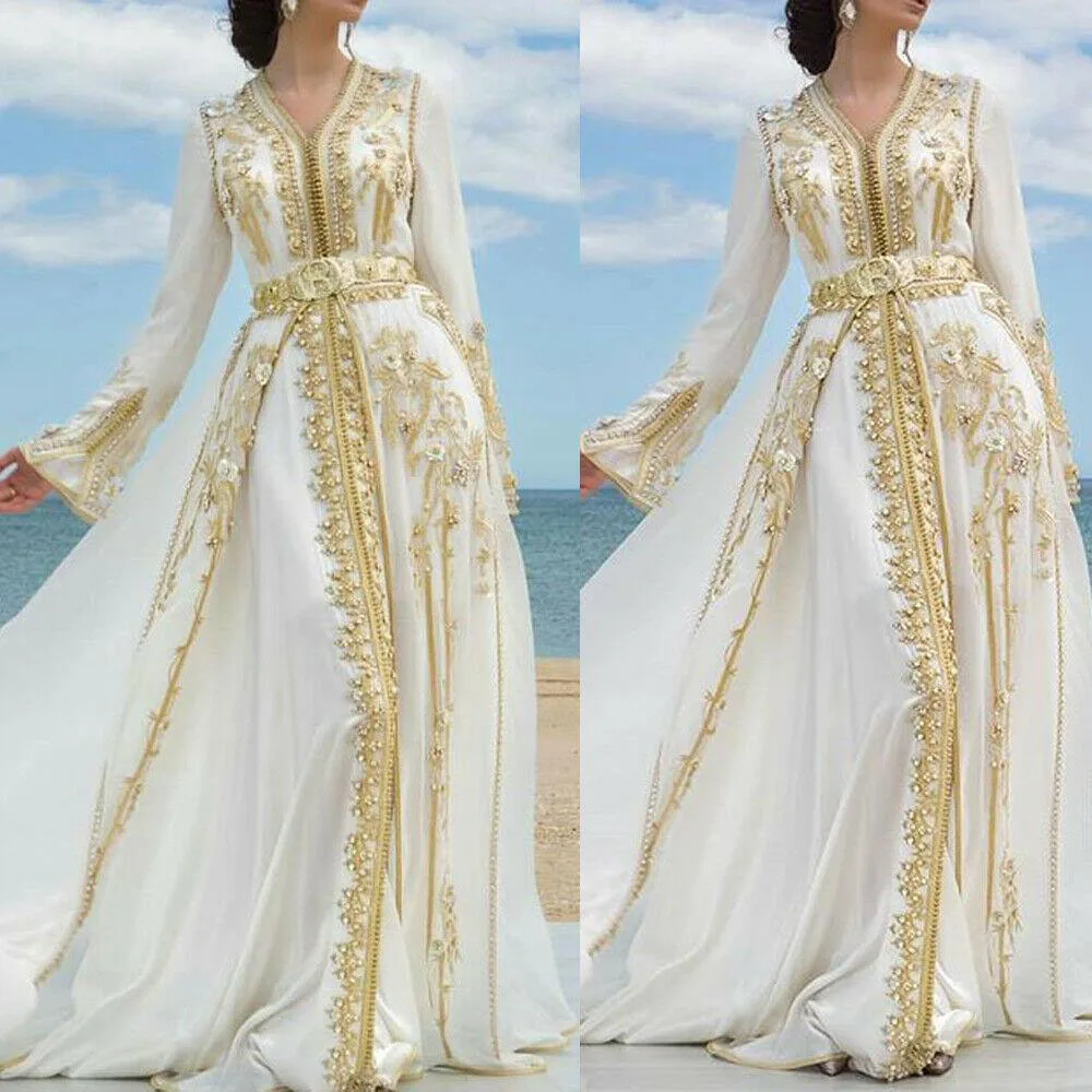 Gold Applique Beading Evening Dresses A Line Chiffon Long Dubai Formal Party Prom Sleeve Arabic Muslim Свадебное пл | Свадьбы и