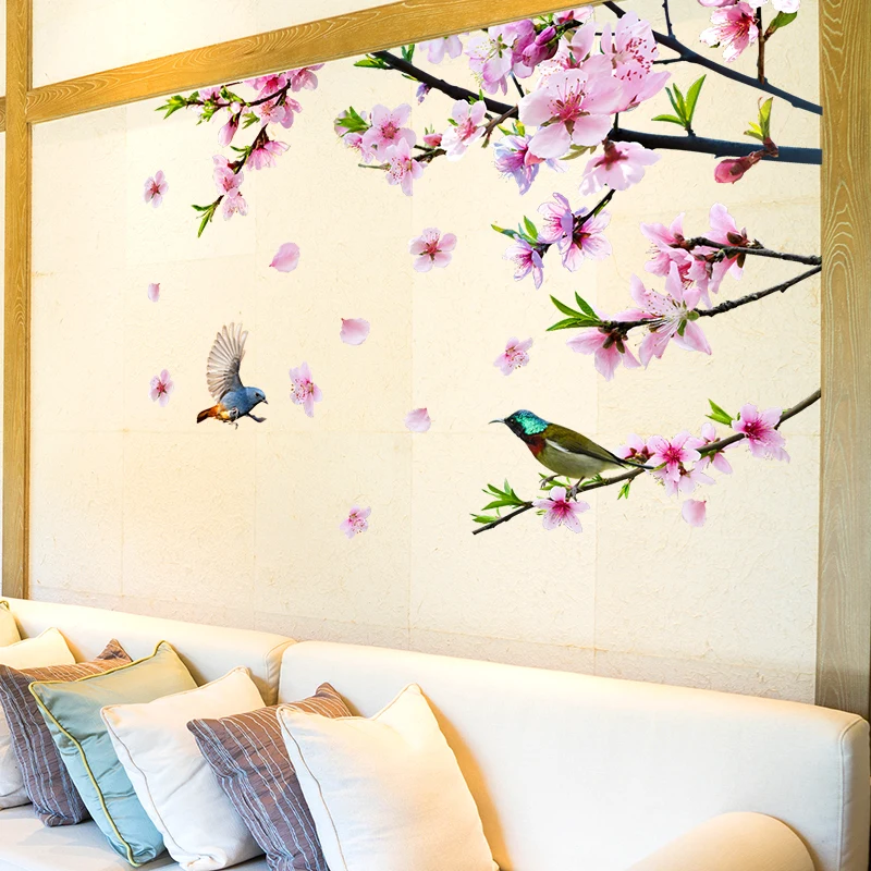 

[SHIJUEHEZI] Peach Tree Branch Wall Stickers PVC Material DIY Flowers Birds Wall Decals for House Living Room Bedroom Decoration