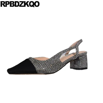 

bling wedding shoes suede pumps women medium heels dress square toe sandals glitter 2019 slingback chunky footwear thick strap