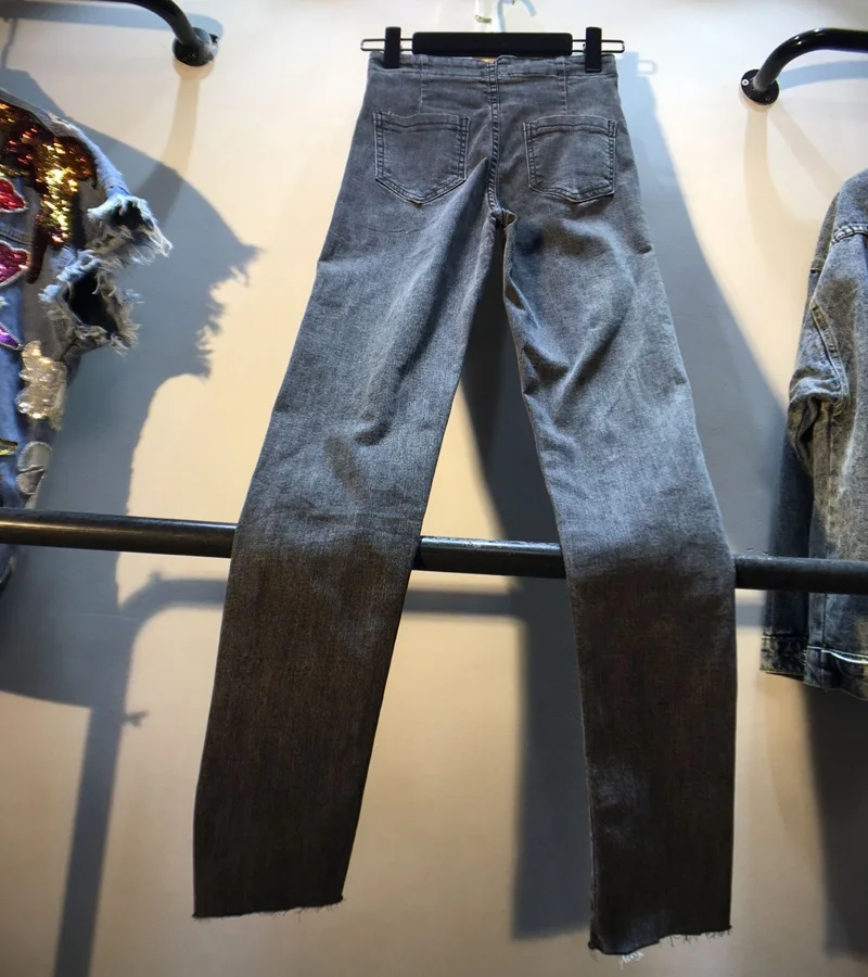 Европейская станция осень новые тяжелые заклепки высокая талия тонкие растягивающиеся женские джинсы женские брюки-карандаш женские джинсовые брюки