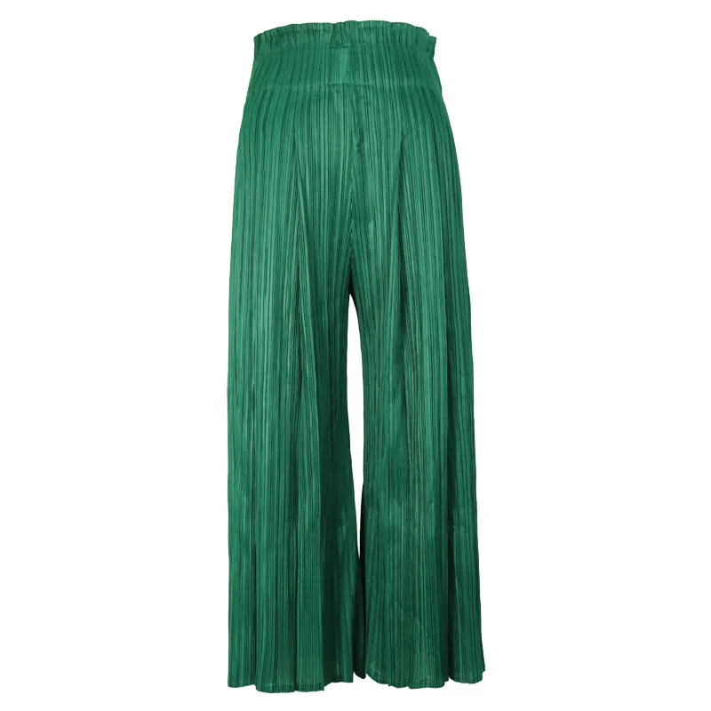 green pants Футболка Летняя женская Новая мода чехол с принтами воротник с короткими рукавами эластичные Miyake плиссированные тонкие повседневные женские футболки - Цвет: green pants