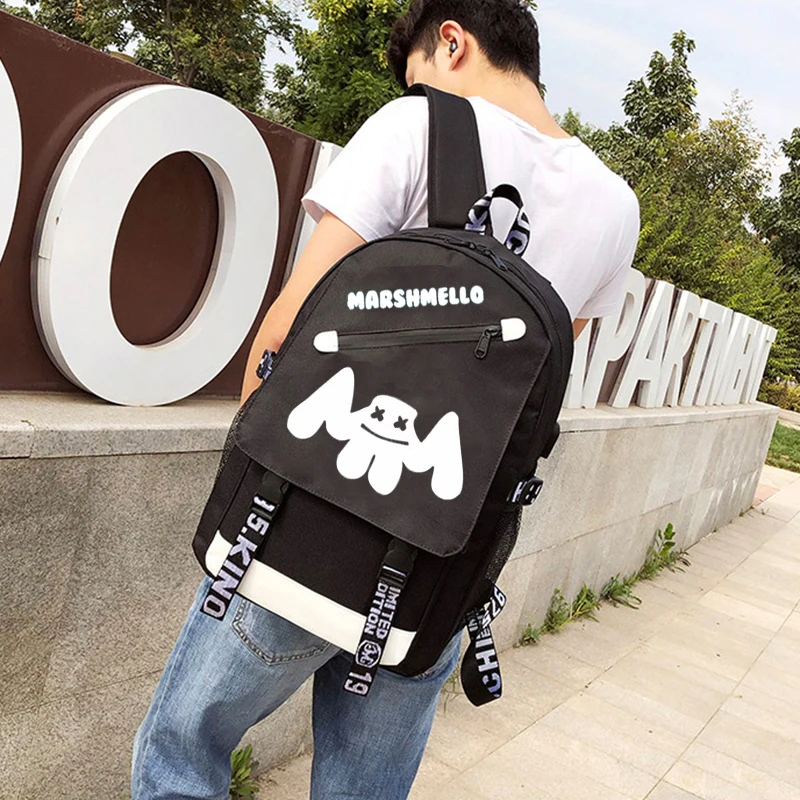 New DJ Marshmellow luminous backpack multifunction USB charging Anti theft for teenagers boys Girls Student School Bag