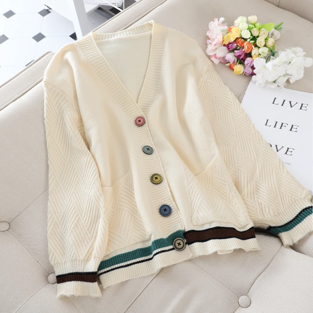 

Women Knitted Jacket 2019 Autumn Winter Loose Long Sleeve Cardigan For Women with Single Breasted Pocket Cardigan Female tj07