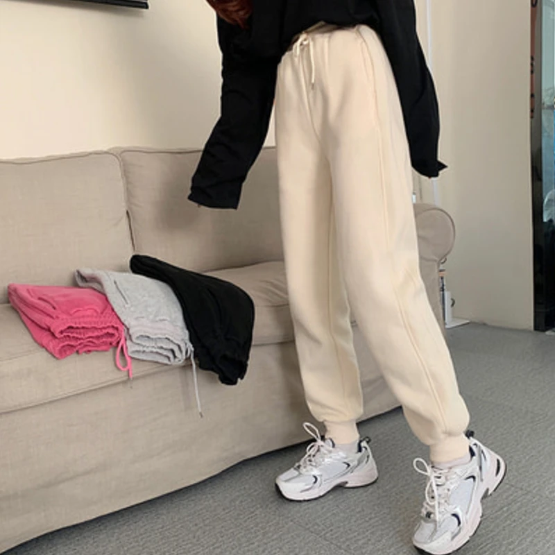 

Winter Women's Plus Velvet Thick All-Match Solid Color Elastic Waist Casual Sports Pants