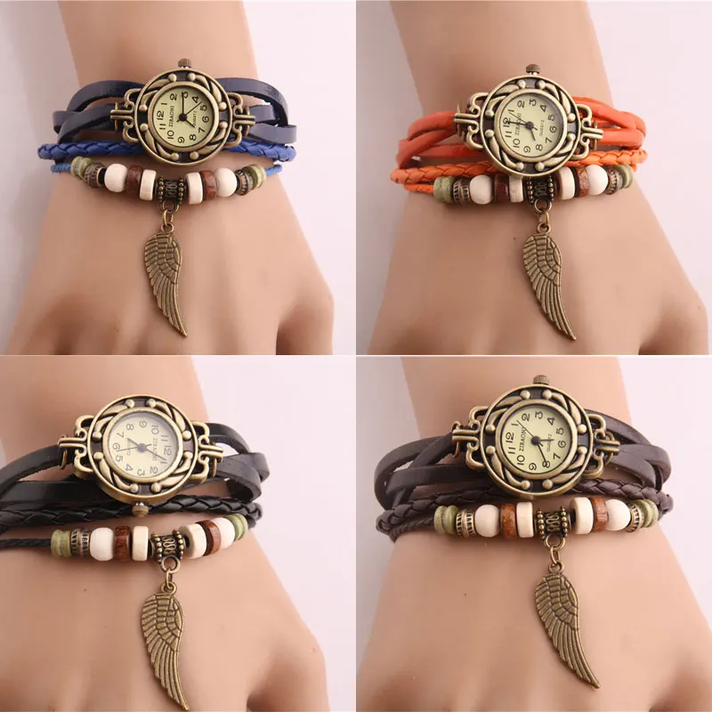 Relojes Vintage de imitación de cuero para mujer, reloj de pulsera informal con cuentas de madera y escultura de ala, femenino - Imagen 4