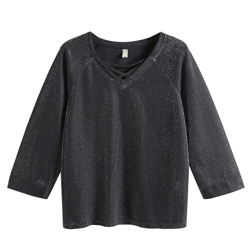 

T-Shirt 2020 Spring Loose 3 / 4 Sleeve Sparkle Stretch Top